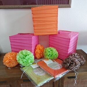 Paper Lanterns and Pom Poms Party Decorations Set Pink Orange Green
